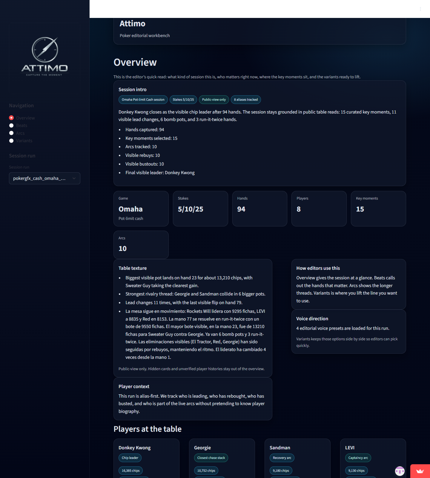 Attimo poker editorial workbench overview