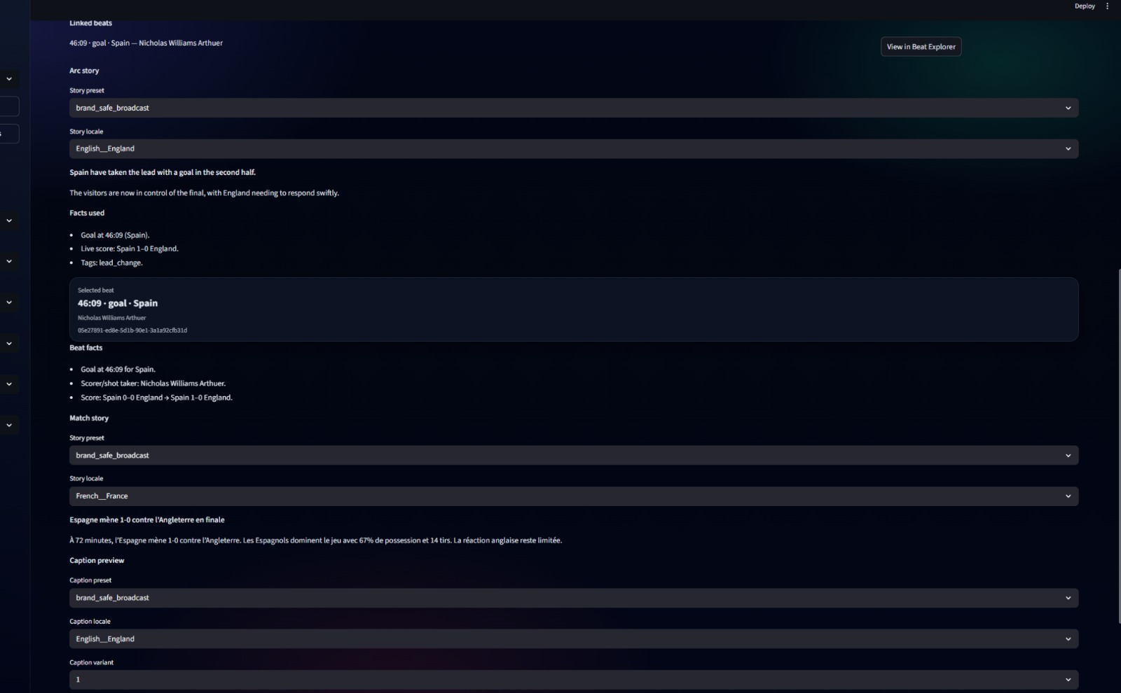 Story panel showing locale selection and facts used