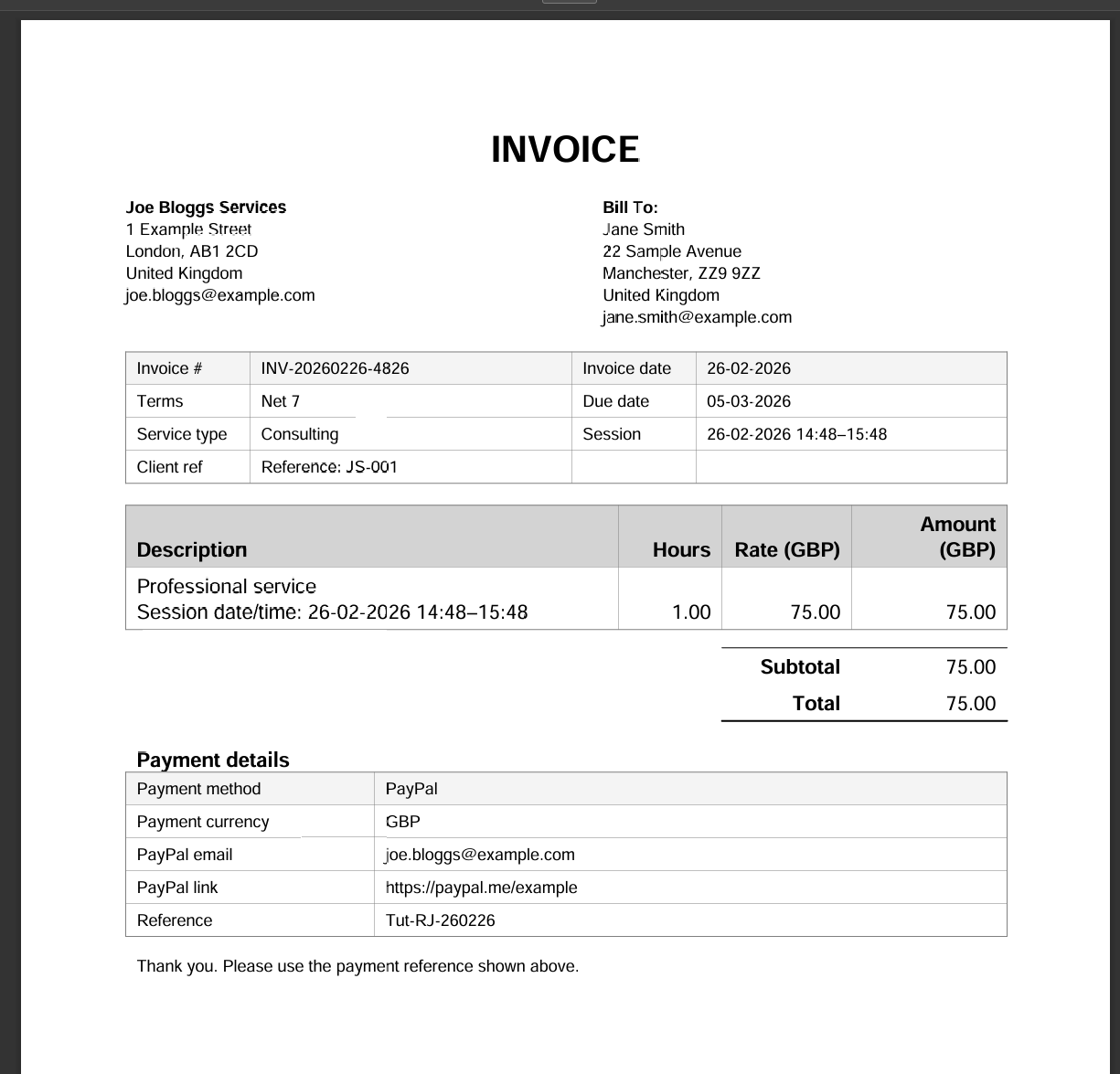 Generated invoice PDF preview from Invoice_gen